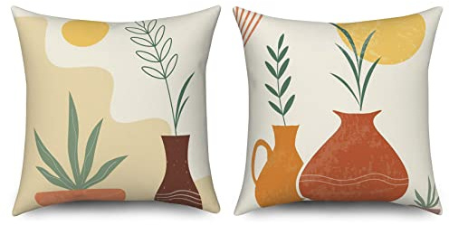ASDCXZ Boho Kissenbezug 45x45 cm 2er Set, Modern Abstrakt Boho Style Blätter Vase Beige Sofa Dekokissen Kissenbezüge Kissenhülle Waschbar Polyester Flachs Textil Outdoor Polster Kopfkissenbezug