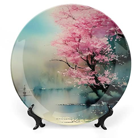 Gokays Decorative Plates for Wall Hanging, Blush Pink Cherry Blossoms Tree Ceramic Plate, Wobble-Plate with Display Stand, Home Decor for Kitchen Cabinets, Farmhouse Round Tray 20 CM