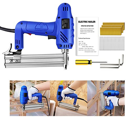 Heavy Duty Corded Electric Staple Nail Gun 2 in 1 Brad Nailer, 1750W Wood Leather Tacker Max.6pcs/Sec, Multifunction Nail Gun for Fence Panels, 25 X 21.5x5 cm, Blue