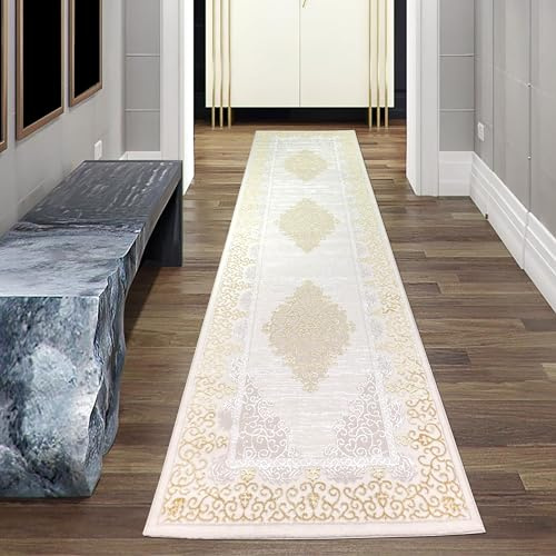 Teppich-Traum Alfombra Salón Pelo Corredor Corto Pasillo 80x300 cm Largo Orient Elegante Adornos Efecto Brillo meandro Crema Dorado