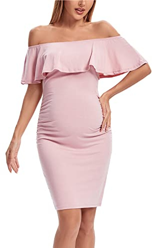 Shen&Qege Umstandskleid Lässig mit Schulterfreiheit, Rüschen, ärmellos, Bodycon, Umstandsmode Sommer
