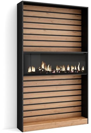 SKRAUT HOME | Bücherregal Bibliothek | Bookshelf, Bookcase | 110x186x25cm | Wohnzimmer, Esszimmer, Büro | Elektrokamin. Maße | Moderner Stil | Eiche Schwarz
