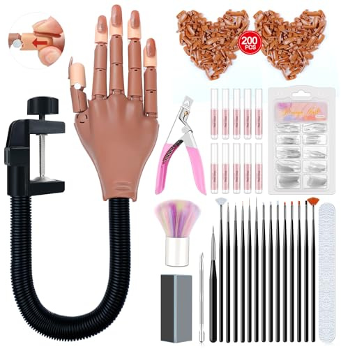 Saviland Practice Hand for Acrylic Nails, Flexible Moveable Fake Hands, Manicure Trainng Hand Nail Kit for Beginners, Movable Nail Maniquin Hand with 200PCS Nail Tips, Nail Glues, Brush and Clipper