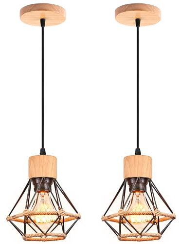 iDEGU Set di 2 lampadari a sospensione in legno vintage vintage lampadario nero design a gabbia creativa da soffitto paralume in metallo con corda di canapa retrò lampada da soffitto per cucina