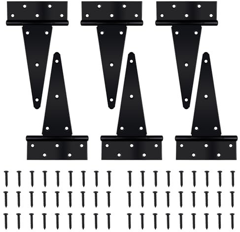 Auxdee Schwarze T-Riemen-Scharniere für Schuppentür, strapazierfähig, Scheunentürscharniere mit Schrauben, T-Scharniere für Holzzäune, Hof, Terrassentür, Schmiedeeisen, rostfrei, 25,4 cm, 6 Stück/Set