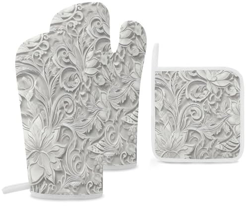 Ofenhandschuhe und Topflappen, hitzebeständig, 287 °C, Ofenhandschuhe und Topflappen, weißes Blumenmuster, Grillhandschuhe, Kochhandschuhe für Küche, Backen, Grillen, 3-teilig