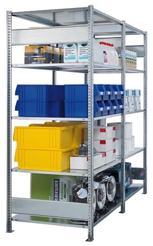 qpool24 Anbauregal, Fachbodenregal Stecksystem MULTIplus250, 2000 x 750 x 400 mm (HxBxT), 5 Fachböden, Längenriegel, RAL 5010 enzianblau/verzinkt/verzinkt