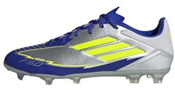 adidas Unisex F50 League Football Boots FG/MG Fußballschuhe, Silver Metallic/Solar Yellow/Lucid Blue, 48 2/3 EU