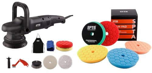 SPTA Polisseuse Orbitale Polisseuse Excentrique 3800RPM, 150mm/125mm polissage Pad & Éponge de Polissage, Set de Polissage, 5 Pièces 125mm Hex Logic Polissage Pad Éponge polir Kit pour Voiture