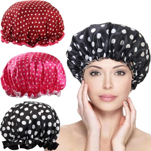 3 Pezzi Cuffia da Doccia Impermeabile, Cuffia Capelli Salone Riutilizzabili,Elastica Shower Caps,Doppio Strato Cuffie Capelli con Elastici,per Doccia Spa Salon, Capelli Protezione