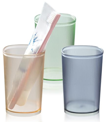 3 Pack Bathroom Tumbler Unbreakable Toothbrush Cups, Plastic Toothbrush Holder, Reusable Mouthwash Cup Bathroom Cup Drinking Cups Makeup Brush Holder (Stripe 3 Colors)