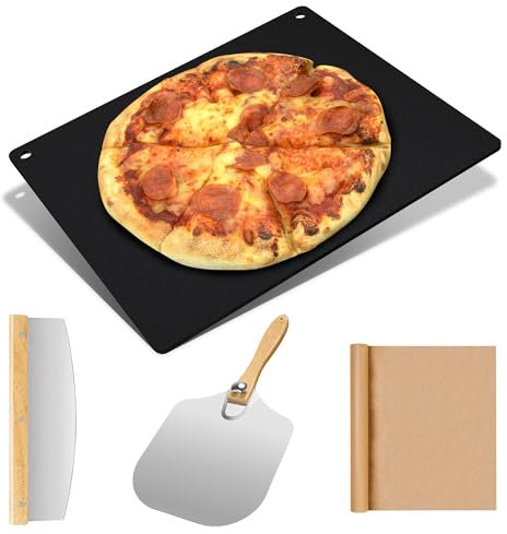 Oranbulb Large Rectangular Cast Iron Steel Pizza Stone Set - 16x13.4x1/4 Inch, 4PCS Accessories Kit for Oven & Grill, Sourdough Bread & Large Pizzas