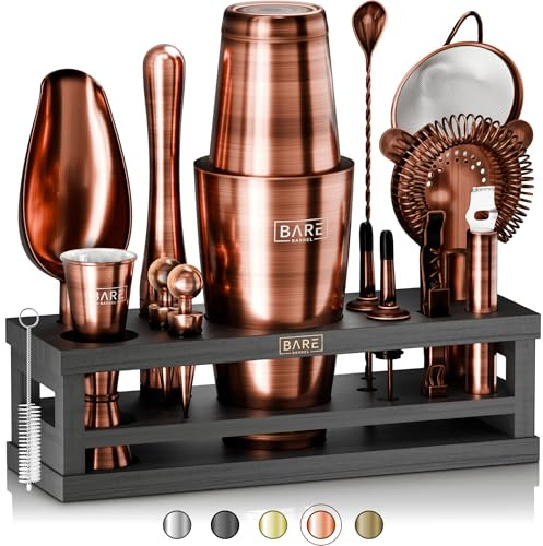 BARE BARREL® Mixology Bartender Kit Bar Set | 16-Piece Cocktail Shaker Set | Martini Barware Mixing Tools for Home Bartending | Incl. 35 Recipe Cards | Gift Set (28oz Boston Shaker, Copper/Black)