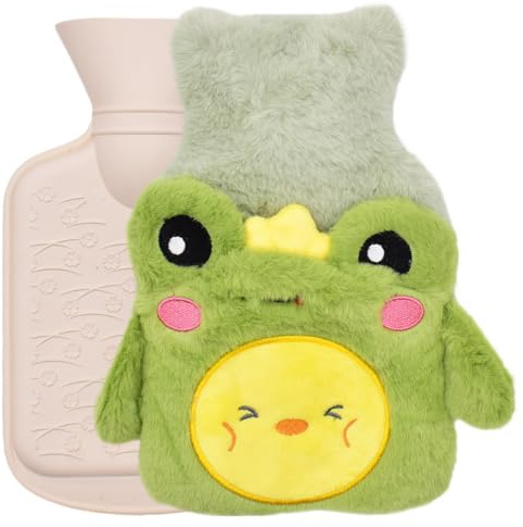 Bolsa de Agua Caliente de Rana, 500 ml Botellas de Agua Caliente con Suave Felpa Funda, Botella de Agua Caliente de Dibujos Animados de Rana Extraíble y Lavable Calidez Duradera para Niños y Adultos