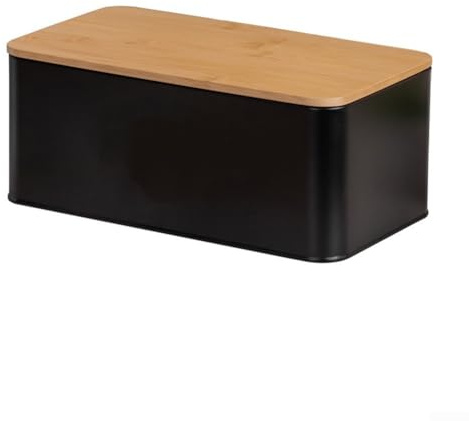 Boîte à pain compacte en métal avec couvercle en bois pour comptoir de cuisine (noir)