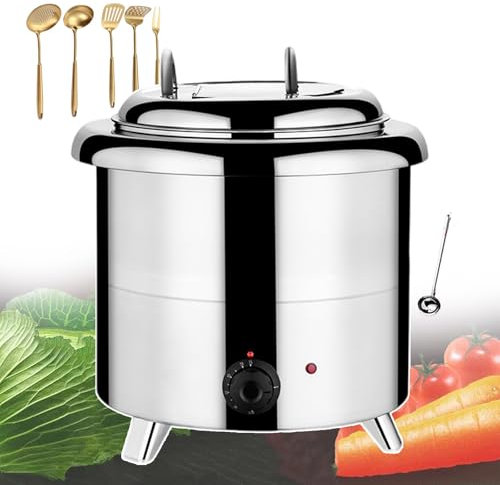 forplubossmmp Olla Sopera Eléctrica De 13L De Capacidad, Calentador De Alimentos Comercial con 5 Utensilios De Cocina Y 1 Cuchara Sopera/Calentador De Sopa De Encimera De Acero Inoxidable 400W,White