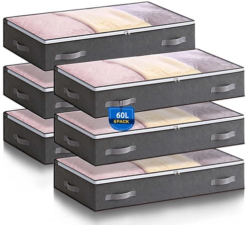 Boic 6 Stück 60L Unterbett Aufbewahrung, Unterbettkommode, Faltbare Bettkasten Aufbewahrung, Aufbewahrungsbox Mit Deckel Für Bettwäsche Schrank Für Bettdecken Decken Kleidung
