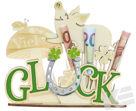 KE - Geldgeschenk Holz mit Glückszeichen - gelasert, originelles Geschenk, Dekoration, Glückssymbol, personalisiert, Holzgravur, ideal zum Schulabschluss, Hochzeit, Kommunion, Jugendweihe, Geburtstag