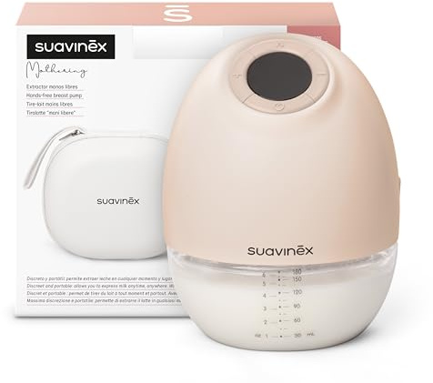 Suavinex, Tiralatte portatile, Tiralatte a mani libere, Senza cavi, con batteria, 3 modalità e 9 intensità di aspirazione, con adattatori, custodia e spazzolino, schermo LED, serbatoio da 180 ml