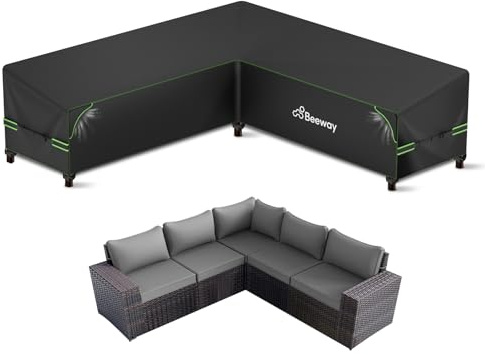 BEEWAY L Shaped Garden Furniture Corner Sofa Cover Waterproof 255x255x87cm | 420D Oxford V Shape Outdoor Patio Rattan Corner Sofa Cover with Air Vent & Windproof Straps | All-weather Protection