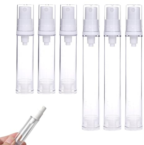 Lot de 6 bouteilles à pompe en plastique à remplir - 10 et 15 ml - Distributeur de crème Airless - Kit de voyage pour liquides - Distributeur de crème pour les mains - Distributeur de crème cosmétique