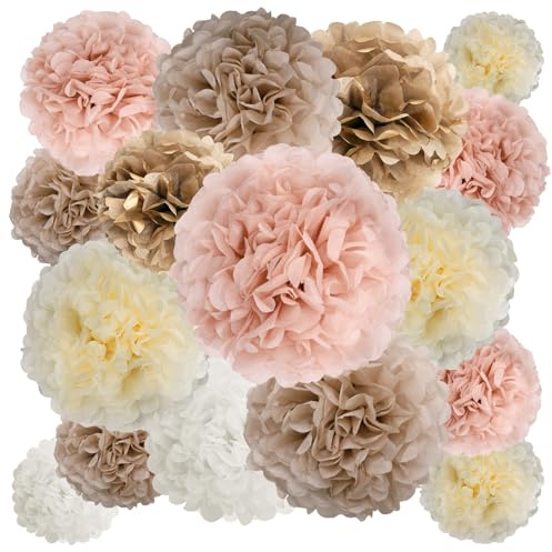 BestoFun 16 Stück Beige Seidenpapier Pompoms Braun Pfirsich Pompons Deko Elfenbein Rosa Pompoms Dekoration für Hochzeit Deko Tischdeko Geburtstagsdeko Gartenparty Deko