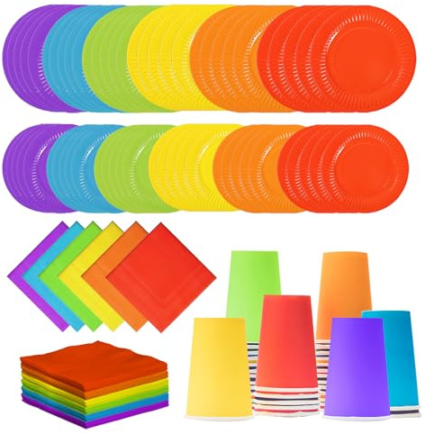 120Pcs Neon Rainbow Party Tableware Set, Colorful Paper Party Tableware Dinner Plates, Salad Plates, Cups, Napkins, for Fiesta, Birthday, Holiday Decorations