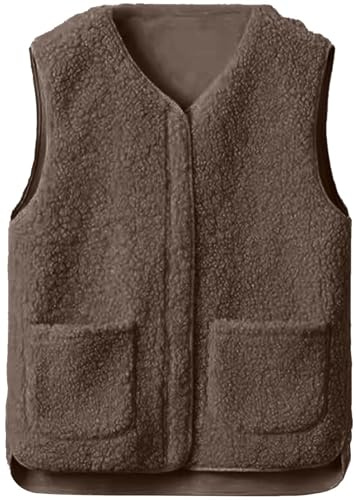 Yutdeng Gilet sans Manche Femme Zippé Gilet en Molleton Polaire Manteaux sans Manche Gilet Femme Hiver Sherpa Gilets Chaud Filles Automne Veste Matelassée Classique Blouson Casual Couleur Unie Poches