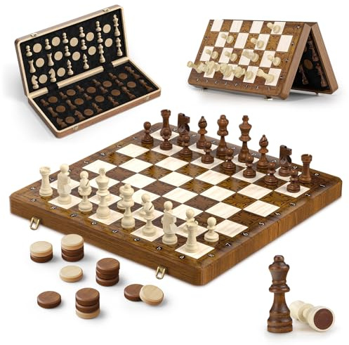 Chess Set and Checkers 16''x16'' - Wooden Magnetic Chess Board with 2 Extra Queen & Storage Slots, Folding Travel Chess Set, Educational Board Game Gift for Adults & Kids