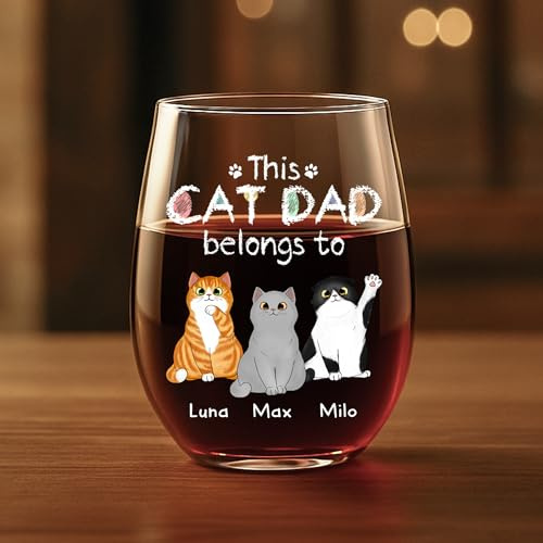 Personal Chic Custom Wine Glass – This Cat Dad Belongs to – Gifts for Cat Lovers, Stemless Wine Glasses, Best dad Gifts, Mum Wine Glass, Gin Glass (3 Cats)