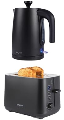 Salter Kuro Toaster & Kettle Set – 2-Slice High-Lift Toaster with 7 Browning Levels & Defrost/Reheat/Cancel, 3000W Rapid Boil Kettle with Anti-Limescale Filter, Auto Shut-Off & Boil-Dry Sensor, Black | 7 Browning Levels, High Lift Lever, Defrost Reheat Cancel Functions, Removable Crumb Tray, 360 Swivel Base, Limescale Filter