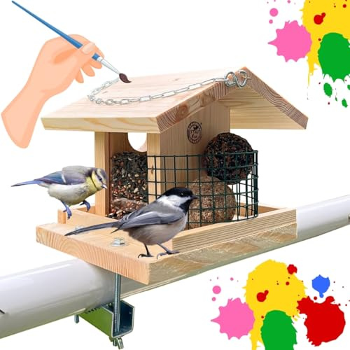 Vogelfutterhaus Vogelhaus Balkon aus natürlichem Holz mit Halterung für das Geländer und Kette zum Aufhängen am AST, Häuschen zum Selbstbemalen für Kinder (Futterhaus montiert) (Bausatz 2)