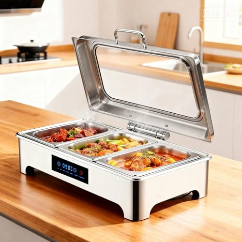 VFDZ Chafing Dish Électrique, Chauffe-Plats en Acier Inoxydable (3 bacs) | Chafing Dish Buffet Chauffant avec Intelligent de la Température, Robuste et Durable - Facile à Nettoyer, 400W 220V 9L
