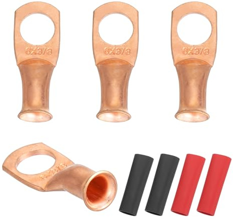 sourcing map 4pcs 6 AWG M10 Battery Lugs Ring Terminals, 3/8 10mm Stud Crimp Wire Terminal Connector End Copper, 2:1 Heat Shrink Tubing, Gold