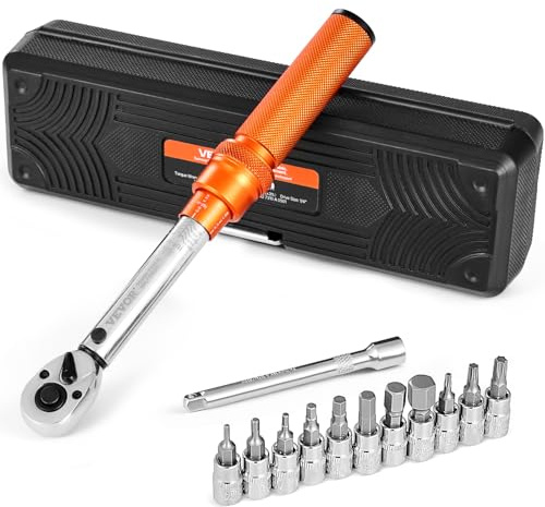 VEVOR Clé Dynamométrique à Déclenchement Entraînement 6,4 mm 2,3-22,6 N.m, Jeu de Clés à Cliquet Bidirectionnelles Double Plage, 72 Dents, avec Douilles et Rallonge, pour Réparation de Vélos, Orange