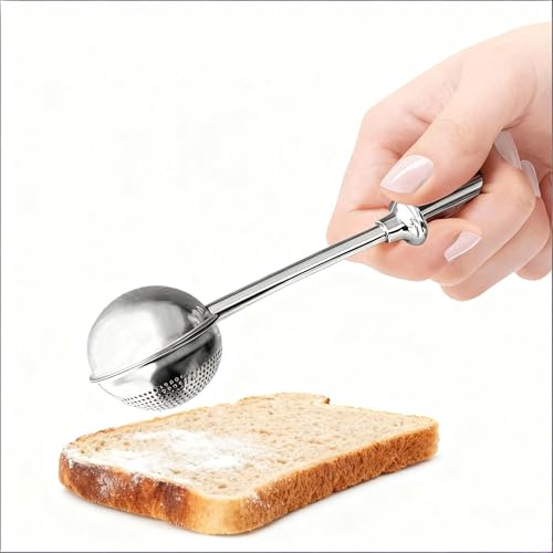 18/8 Stainless Steel Powdered Sugar Shaker Duster, Flour Dispenser with Spring-Loaded Handle for One-Handed Operation, Fine Mesh Sifter for Baking, Spices, Cocoa & Matcha Tea