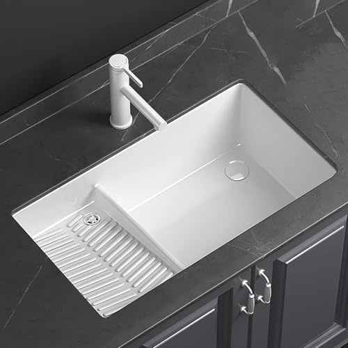 Einbauwaschbecken mit Waschbrett, Keramik Waschbecken, Ausziehbarer Armatur und Ablaufgarnitur, für Waschküche, Balkon, Badezimmer, Innenhof(68x41.5cm/26.7x16.3in)