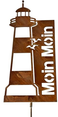 PIujsym Leuchtturm Deko Gartenstecker Edelrost Moin Moin, Gartendeko für Draußen Wetterfest, Maritimer Leuchtturm Garten Steckfigur, Rustikale Gartendeko Rost Metall, Ideales Lighthouse Geschenk