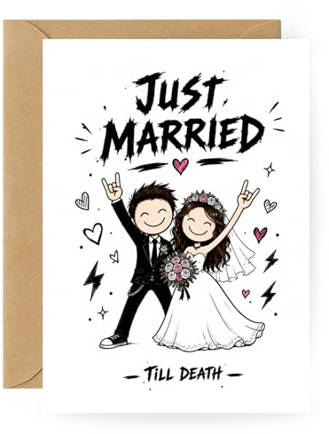 Rock Hochzeit Karte lustig – Just Married Till Death Glückwunschkarte zur Hochzeit für Rocker & Metal Fans – Alternative Hochzeitskarte mit Umschlag – A6 für Brautpaar Hochzeitsparty (till death)