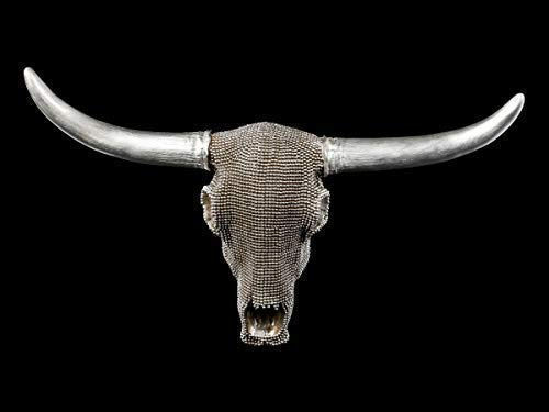 Figuren Shop GmbH Wandrelief Büffel-Schädel mit Silber Noppen verziert 46,5 cm | Trophäe Kopf Rind Longhorn Hörner Bulle