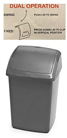 Optimal Products Dual Operation Swing Lid Bin Waste Recycling Dustbin Trash Paper Rubbish Litter Basket Kitchen Home Office Garage Swing/Fixed (Silver, 50 L)