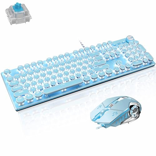 Basaltech Tastiera meccanica da gioco e mouse, stile vintage steampunk, con retroilluminazione a LED, interruttore blu antighosting a 104 tasti, tastiera rotonda, pannello in metallo USB, colore