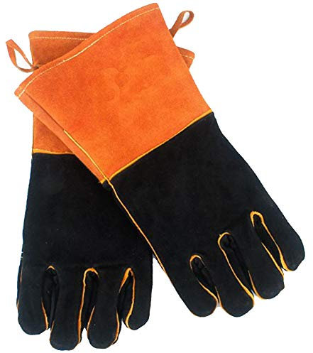 Gants de Soudeur en Cuir Forgé Résistant Au Feu/À La Chaleur,Gants de Cuisine/Barbecue/Camping Avec Lanière,Gant de Soudeur Pour Poêle À Bois Cheminée,2 Paires