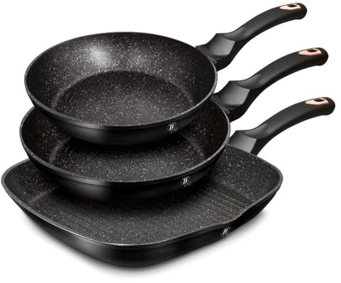 BerlingerHaus Haus Black Rose Set 2 Bratpfannen 1 Grillpfanne Induktion 20-24-28cm, Aluminium, Antihaftbeschichtung Ökologisch Marmor ohne PFOA, Design, Geeignet für Alle Herdarten, Glaskeramik, Gas BH/6156