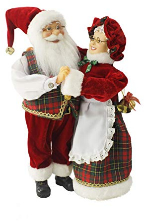 Windy Hill Collection Dancing 16 Inch Mr & Mrs Santa Claus Red, Green, Gold Plaid Standing Figurine Figure Decoration 160051