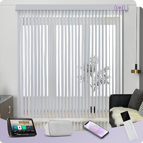Graywind Motorized Vertical Blinds Compatible with Alexa Google Privacy Reversible Blackout Smart Vertical Blind Remote Control Track Slats Set for Patio Sliding Glass Doors, Width Up to 157, White
