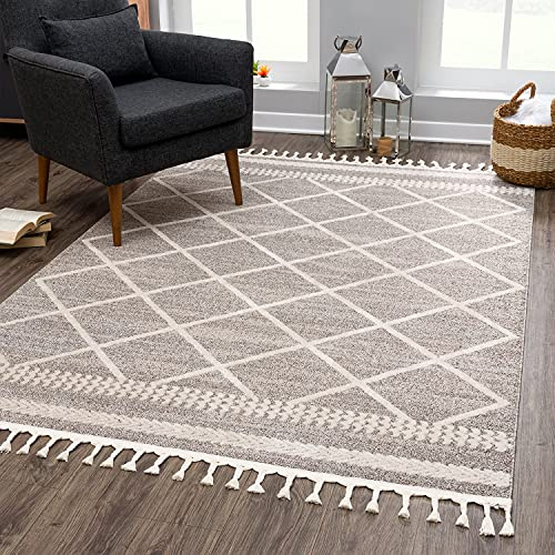 payé Teppich Wohnzimmer Kuzflor - Braun Creme - 200x290cm - mit Fransen Deko Boho Rautenmuster Schlafzimmer Flur Dekoration Läufer - Skandinavische Teppiche