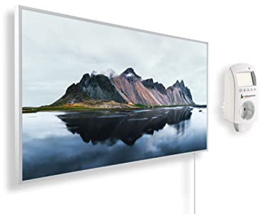 Könighaus Panorama Bildheizung 800 Watt - Smart Thermostat - 11-21 m² | App, weißer Rahmen, Motiv: 03. Berg und See, TÜV SÜD, Infrarot Wandheizung