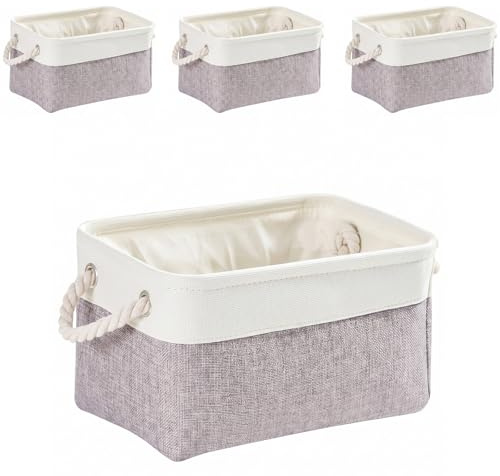 Mangata aufbewahrungskorb Stoff 4er Set, Kleine aufbewahrungsbox Schrank, Korb aufbewahrung Stoff mit Seil für Spielzeug, kleiderschrank, Regale, Kleidung (Faltbare, Grau Weiß)