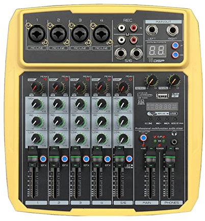 LERORA Equipo de DJ para Fiesta Audio de la Conferencia al Aire Libre de 4/6 Canales USB Bluetooth Reverb Audio Processor K Song Live with Sound Card Mixer (Color : B6-MX Yellow)